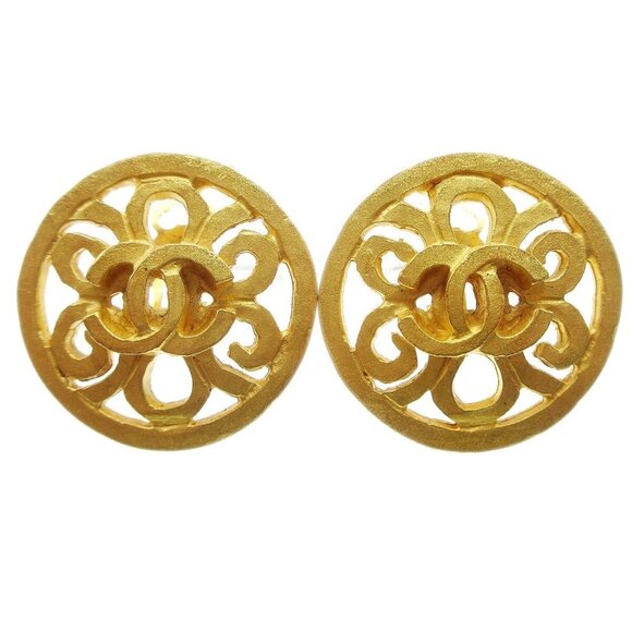 Chanel Button Earrings Gold Clip-On 95P - Picture 1 of 6